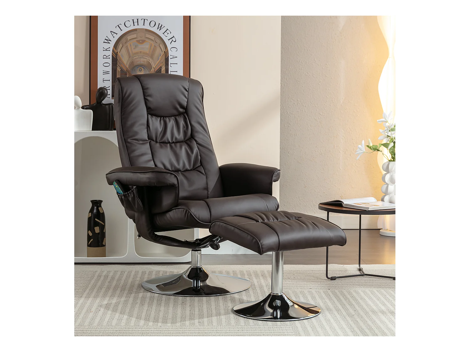 Fauteuil de massage avec PU, ottomane, 5 points de massage, base en bois incurvé, marron (79x79x106 cm)
