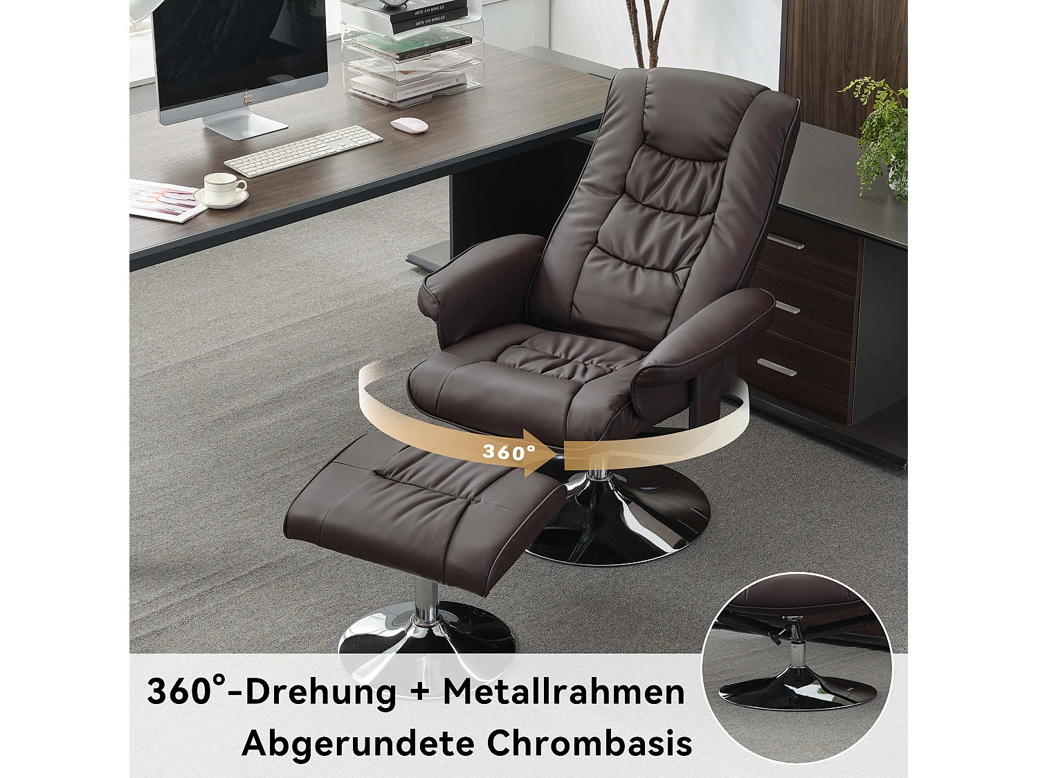 Fauteuil de massage avec PU, ottomane, 5 points de massage, base en bois incurvé, marron (79x79x106 cm)