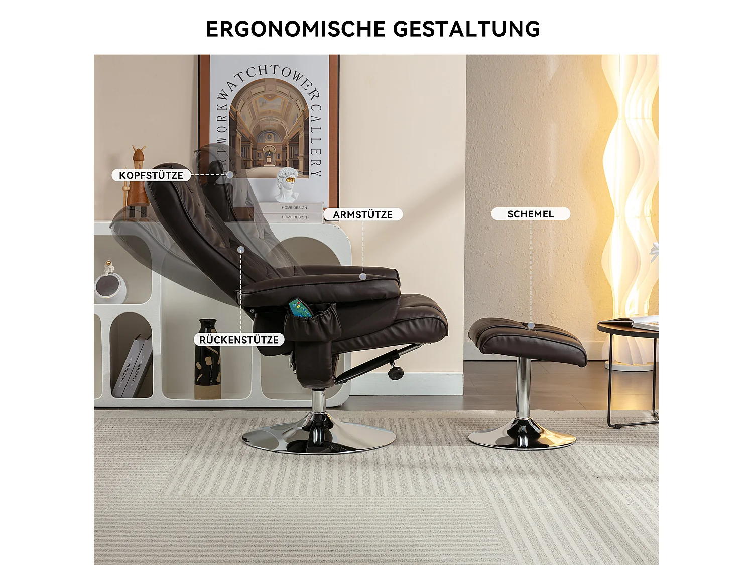 Fauteuil de massage avec PU, ottomane, 5 points de massage, base en bois incurvé, marron (79x79x106 cm)