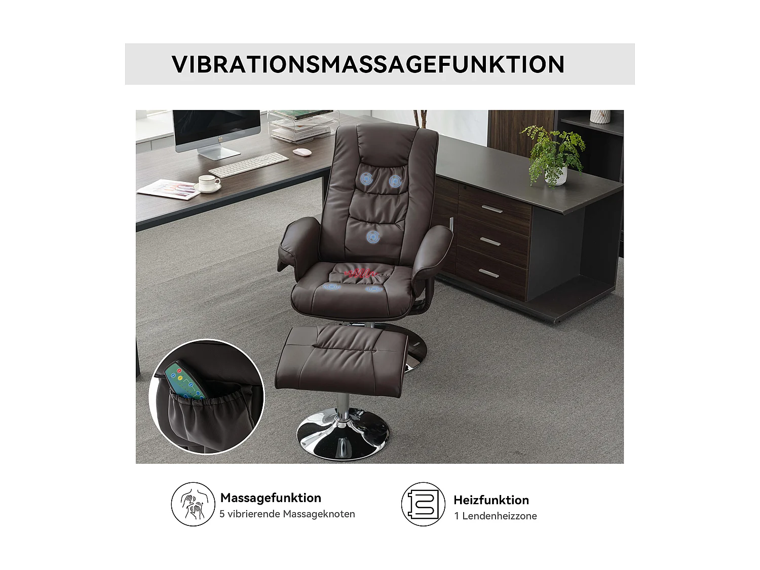 Fauteuil de massage avec PU, ottomane, 5 points de massage, base en bois incurvé, marron (79x79x106 cm)