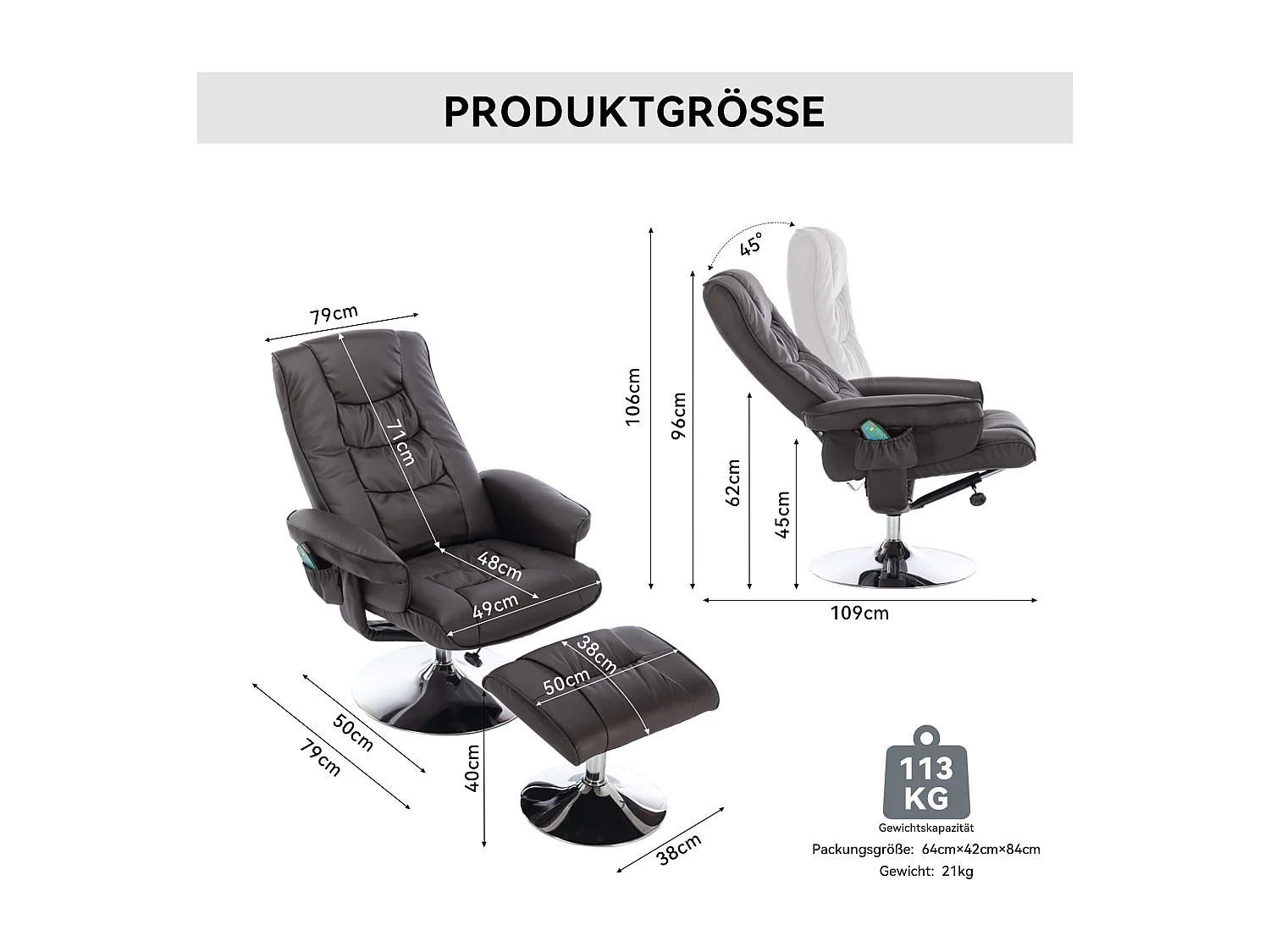 Fauteuil de massage avec PU, ottomane, 5 points de massage, base en bois incurvé, marron (79x79x106 cm)