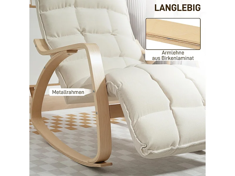 Fauteuil à bascule avec dossier et repose-pieds, tissu effet lin, bois, crème (67x106-123x92 cm)