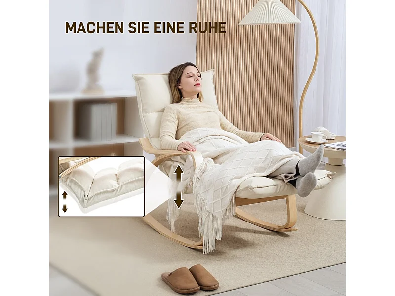 Schaukelstuhl mit Rückenlehne und Fußstütze, Stoff in Leinenoptik, Holz, creme (67x106-123x92 cm)