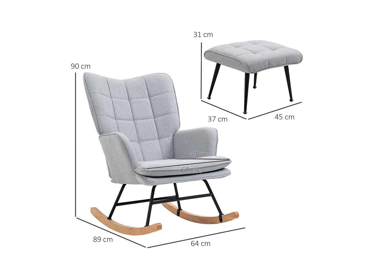 Fauteuil à bascule avec repose-pieds, tissu effet lin, gris clair (64x89x90 cm)