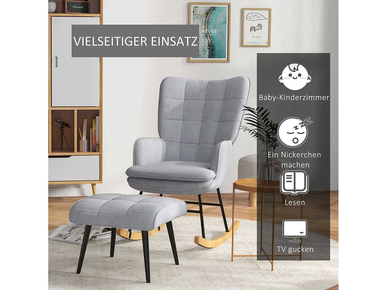 Fauteuil à bascule avec repose-pieds, tissu effet lin, gris clair (64x89x90 cm)