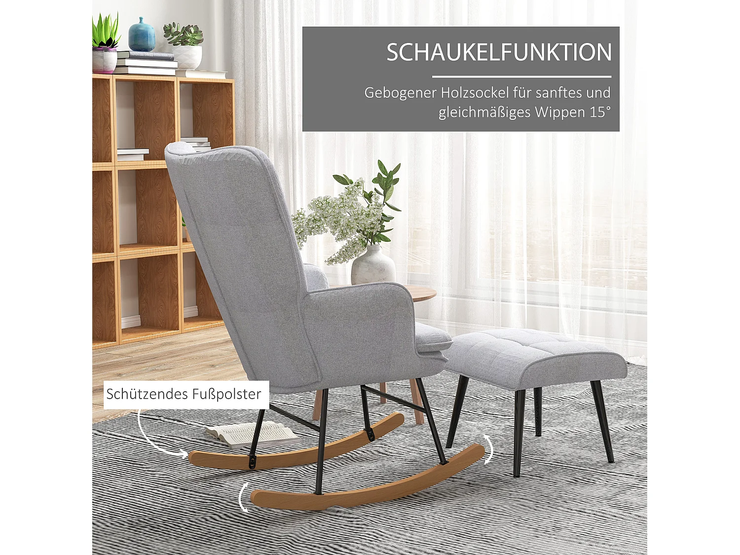 Schaukelstuhl mit Fußstütze, Stoff in Leinenoptik, hellgrau (64x89x90 cm)