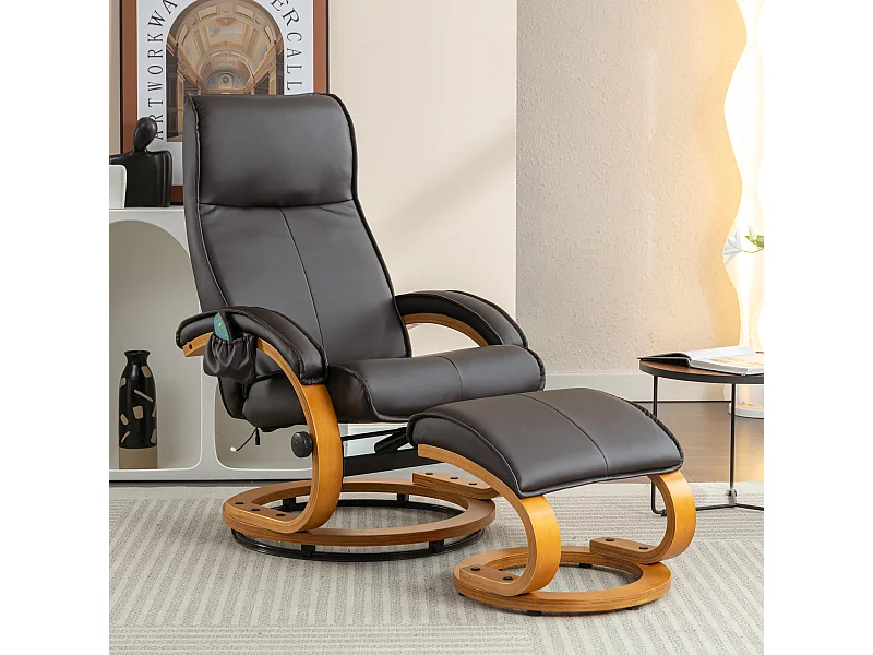 Massagestoel met PU, voetenbank, 5 massagepunten, gebogen houten voet, bruin (85x67x103 cm)