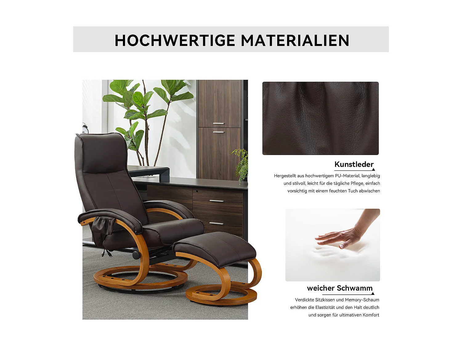 Fauteuil de massage avec PU, ottomane, 5 points de massage, base en bois incurvé, marron (85x67x103 cm)