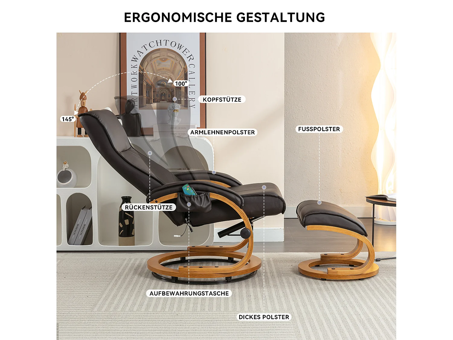 Fauteuil de massage avec PU, ottomane, 5 points de massage, base en bois incurvé, marron (85x67x103 cm)