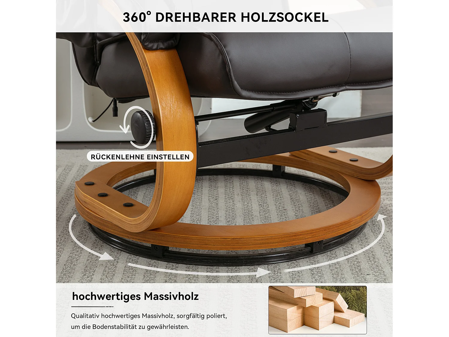 Fauteuil de massage avec PU, ottomane, 5 points de massage, base en bois incurvé, marron (85x67x103 cm)