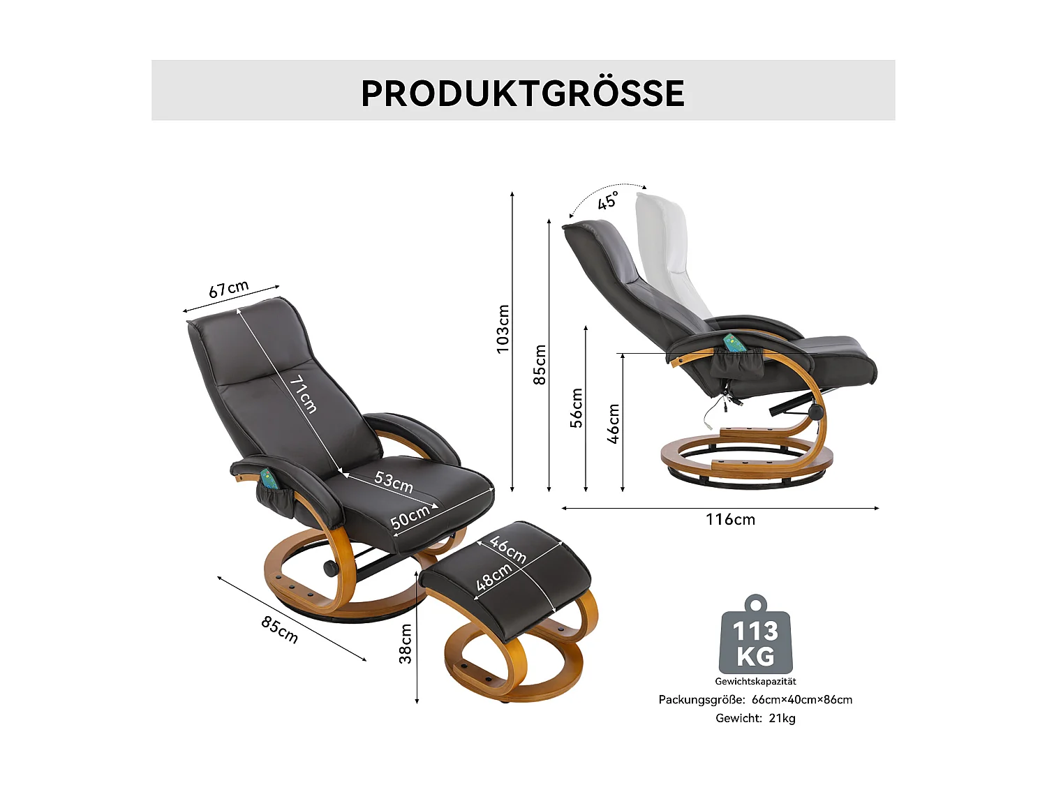 Fauteuil de massage avec PU, ottomane, 5 points de massage, base en bois incurvé, marron (85x67x103 cm)