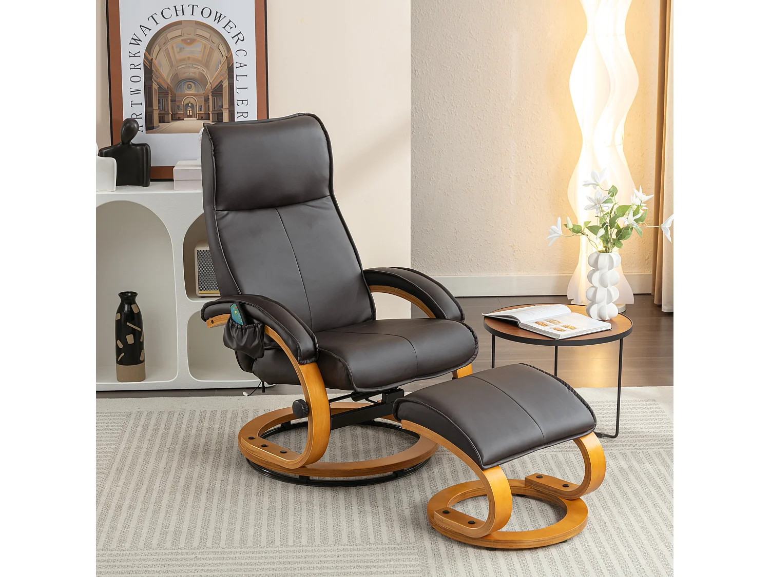 Fauteuil de massage avec PU, ottomane, 5 points de massage, base en bois incurvé, marron (85x67x103 cm)