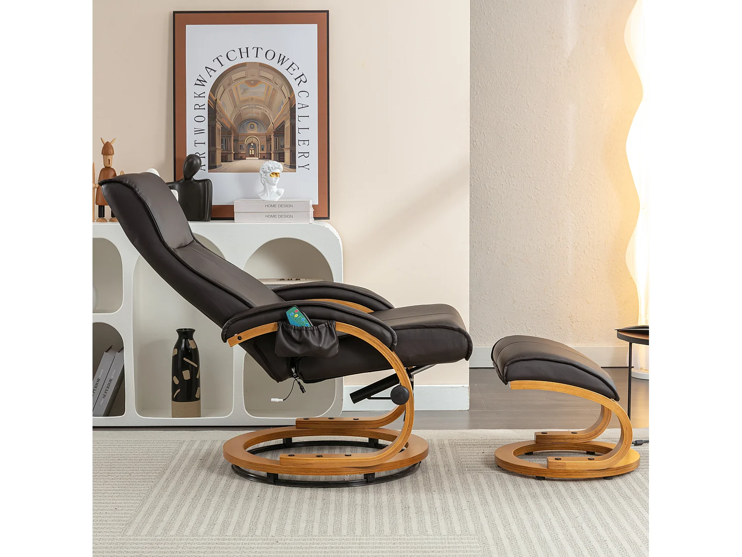 Fauteuil de massage avec PU, ottomane, 5 points de massage, base en bois incurvé, marron (85x67x103 cm)