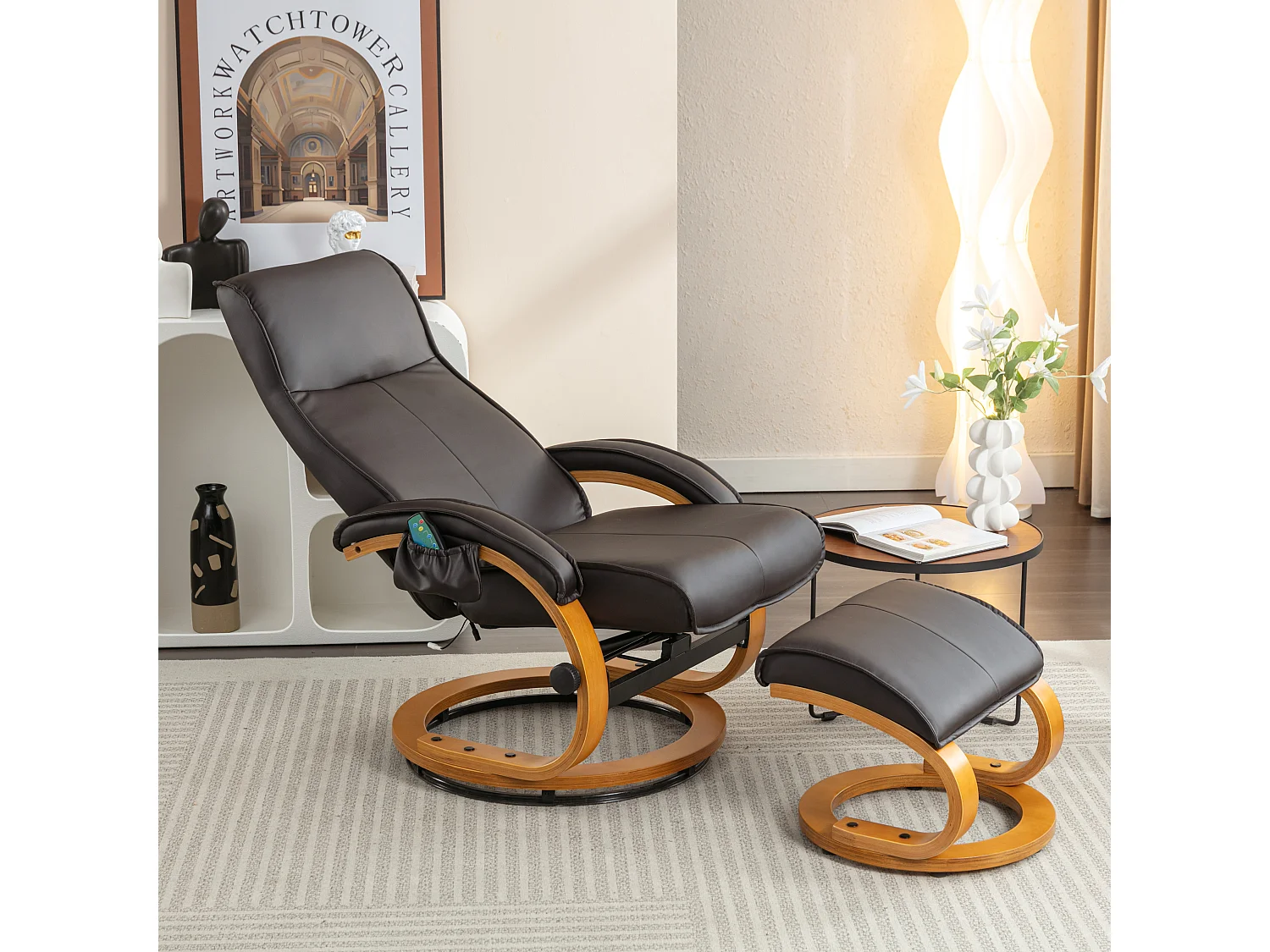 Fauteuil de massage avec PU, ottomane, 5 points de massage, base en bois incurvé, marron (85x67x103 cm)