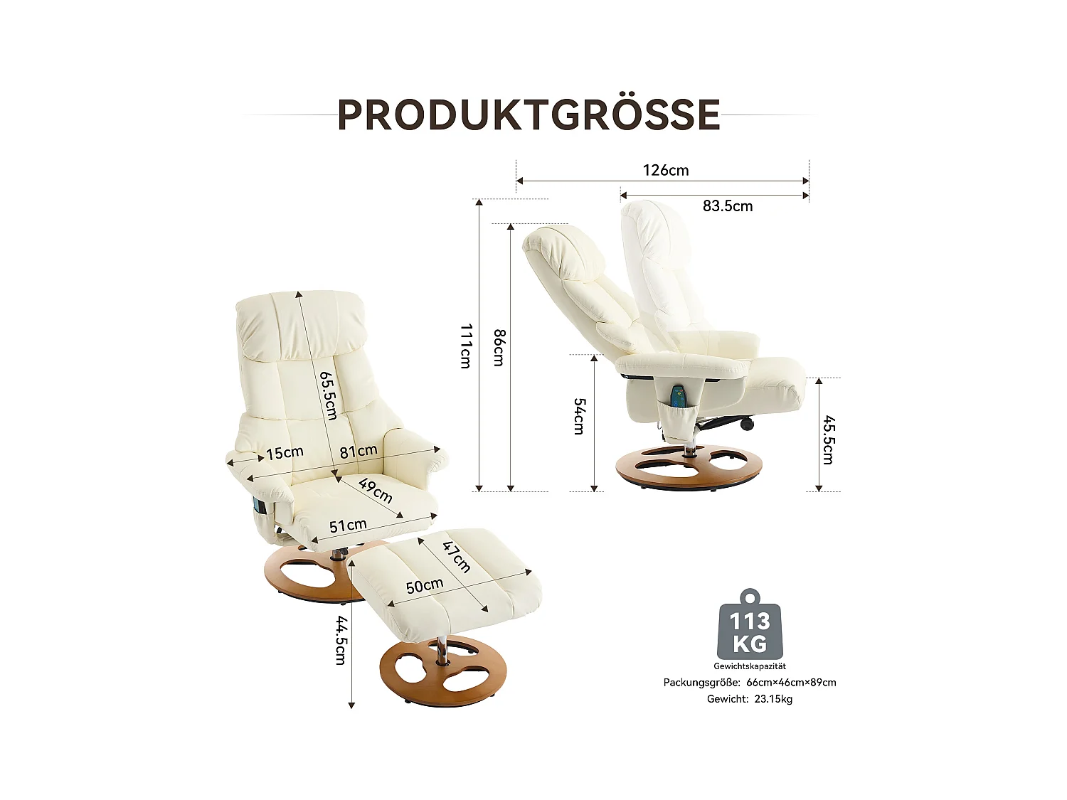 Relaxsessel avec massage et chauffage, fonction inclinable & repose-pieds, 360° pivotant, PU blanc (83.5x81x111 cm)