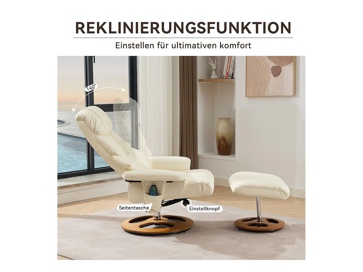 Relaxsessel avec massage et chauffage, fonction inclinable & repose-pieds, 360° pivotant, PU blanc (83.5x81x111 cm)