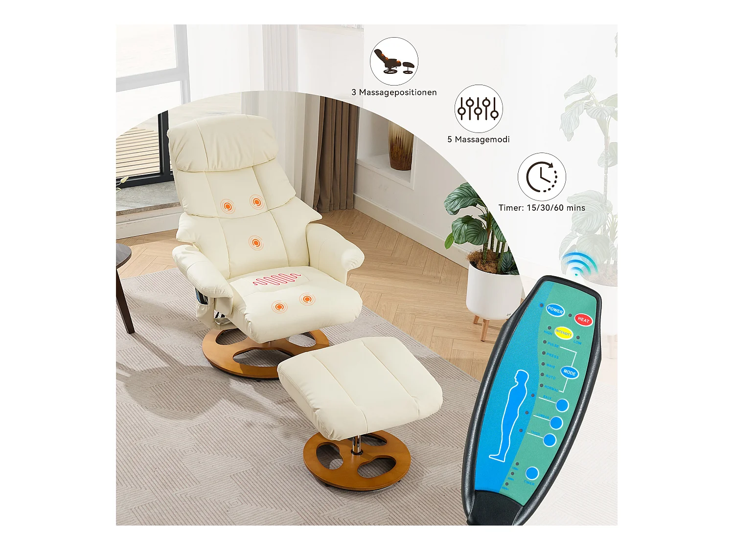 Relaxsessel avec massage et chauffage, fonction inclinable & repose-pieds, 360° pivotant, PU blanc (83.5x81x111 cm)