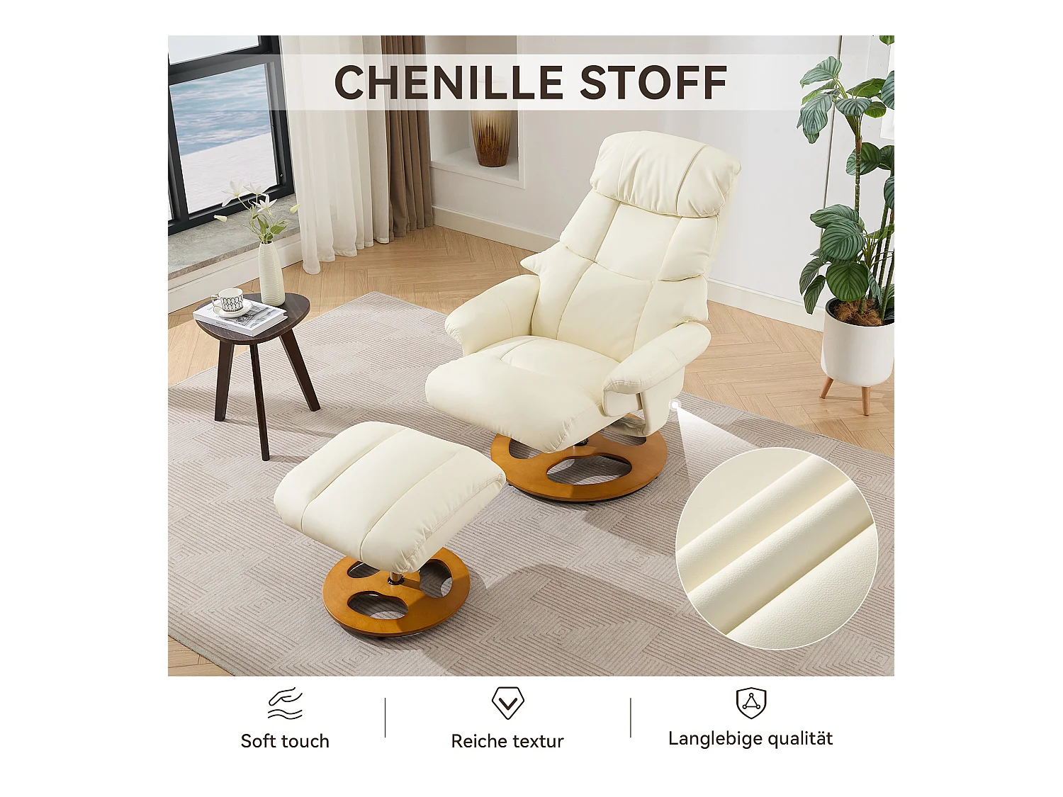Relaxsessel avec massage et chauffage, fonction inclinable & repose-pieds, 360° pivotant, PU blanc (83.5x81x111 cm)