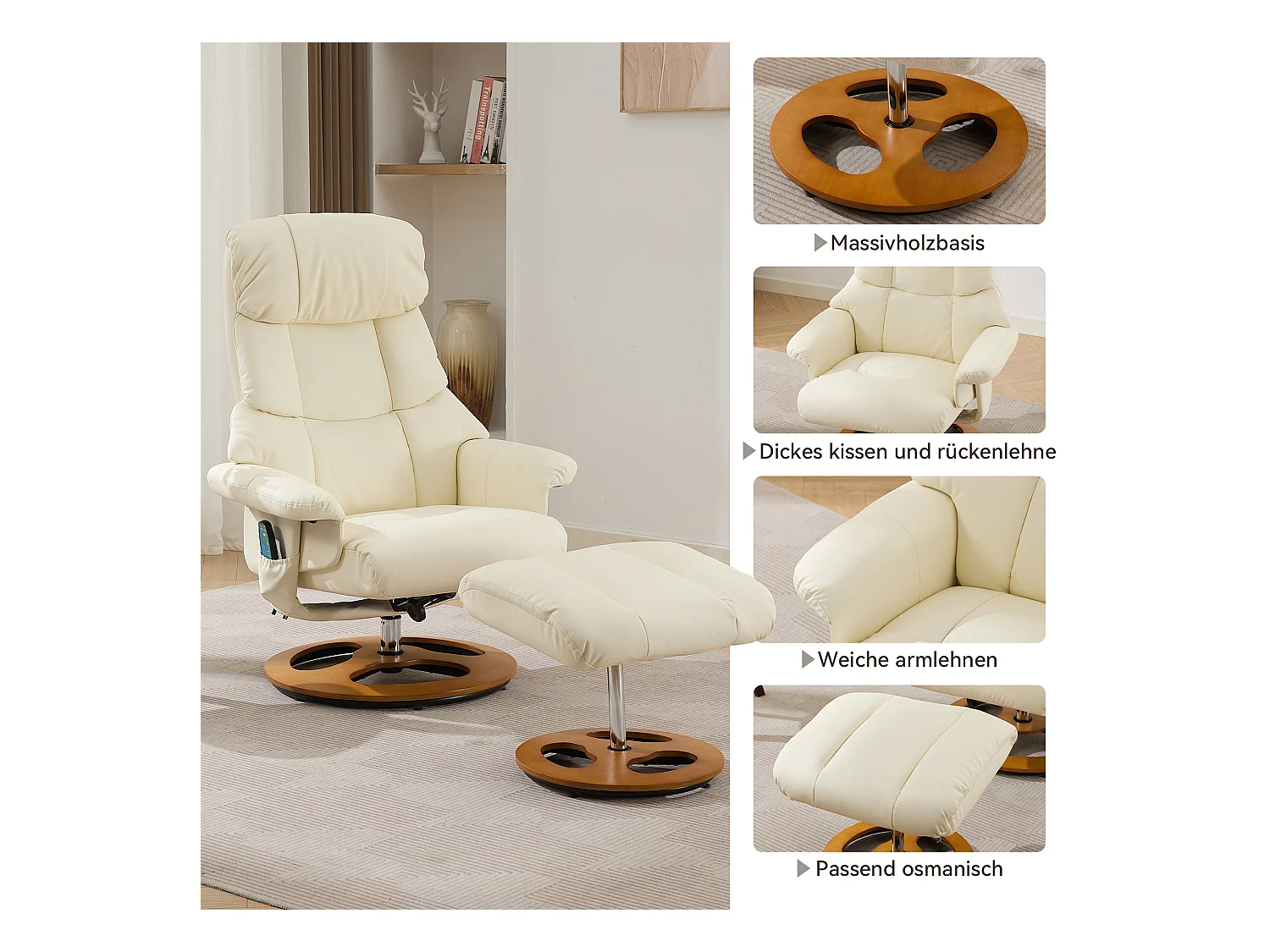 Relaxsessel avec massage et chauffage, fonction inclinable & repose-pieds, 360° pivotant, PU blanc (83.5x81x111 cm)