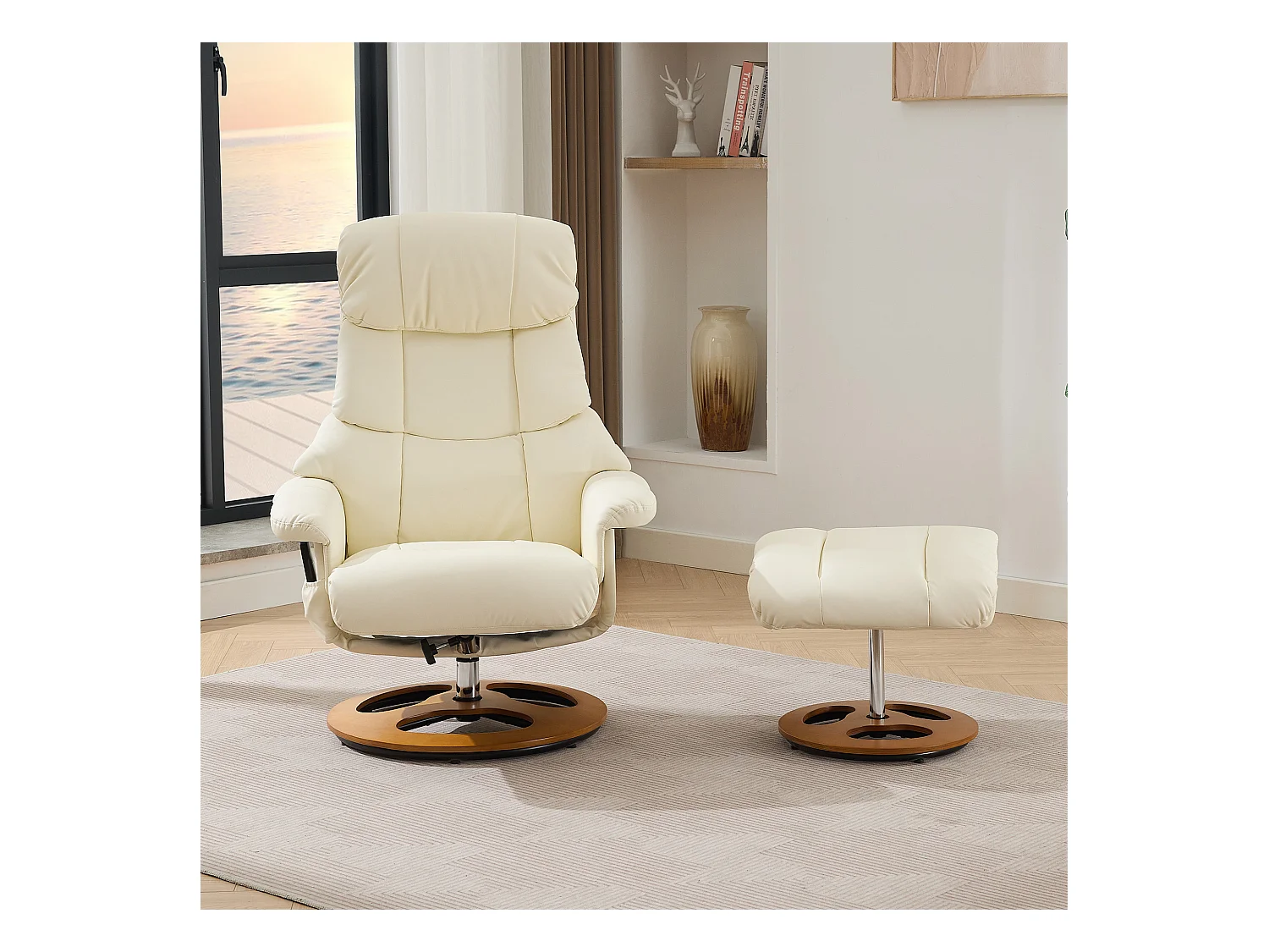 Relaxsessel avec massage et chauffage, fonction inclinable & repose-pieds, 360° pivotant, PU blanc (83.5x81x111 cm)