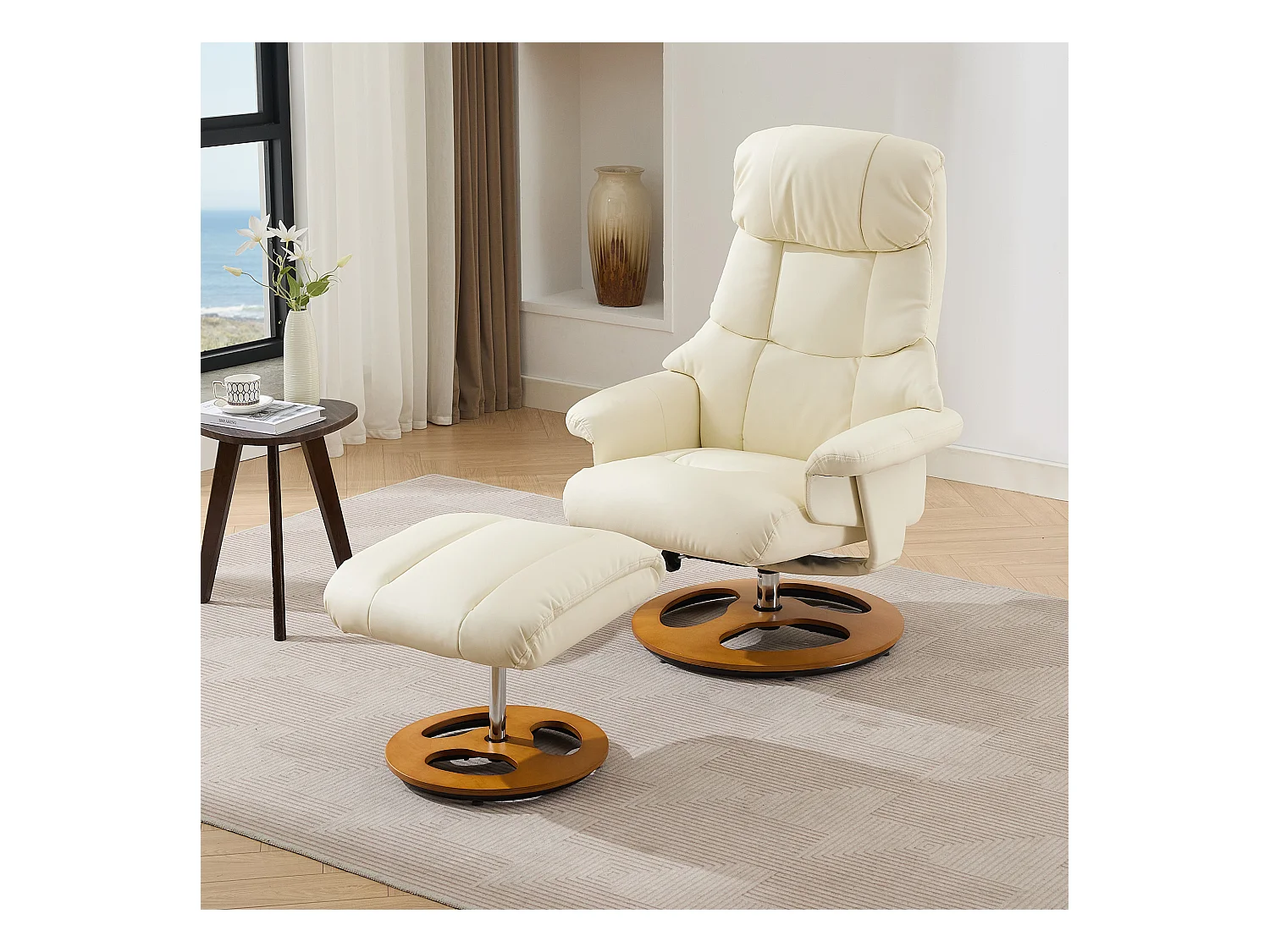Sillón relax con masaje y calefacción, función reclinable y reposapiés, giratorio 360°, PU blanco (83,5x81x111 cm)