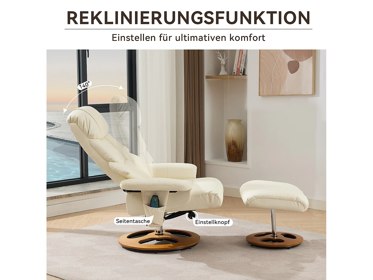 Relaxsessel avec massage et chauffage, fonction inclinable & repose-pieds, 360° pivotant, PU blanc (83.5x81x111 cm)