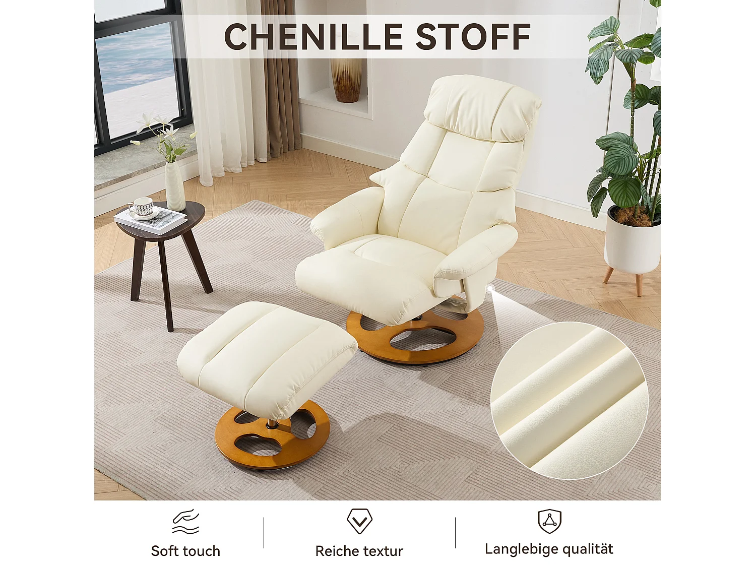 Relaxsessel avec massage et chauffage, fonction inclinable & repose-pieds, 360° pivotant, PU blanc (83.5x81x111 cm)
