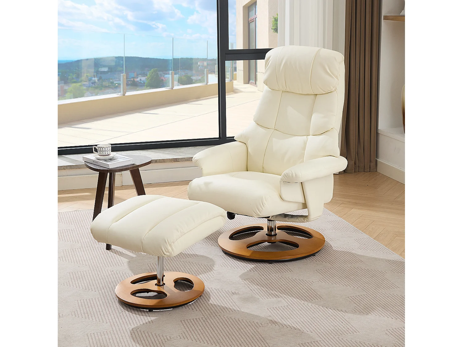 Relaxsessel avec massage et chauffage, fonction inclinable & repose-pieds, 360° pivotant, PU blanc (83.5x81x111 cm)