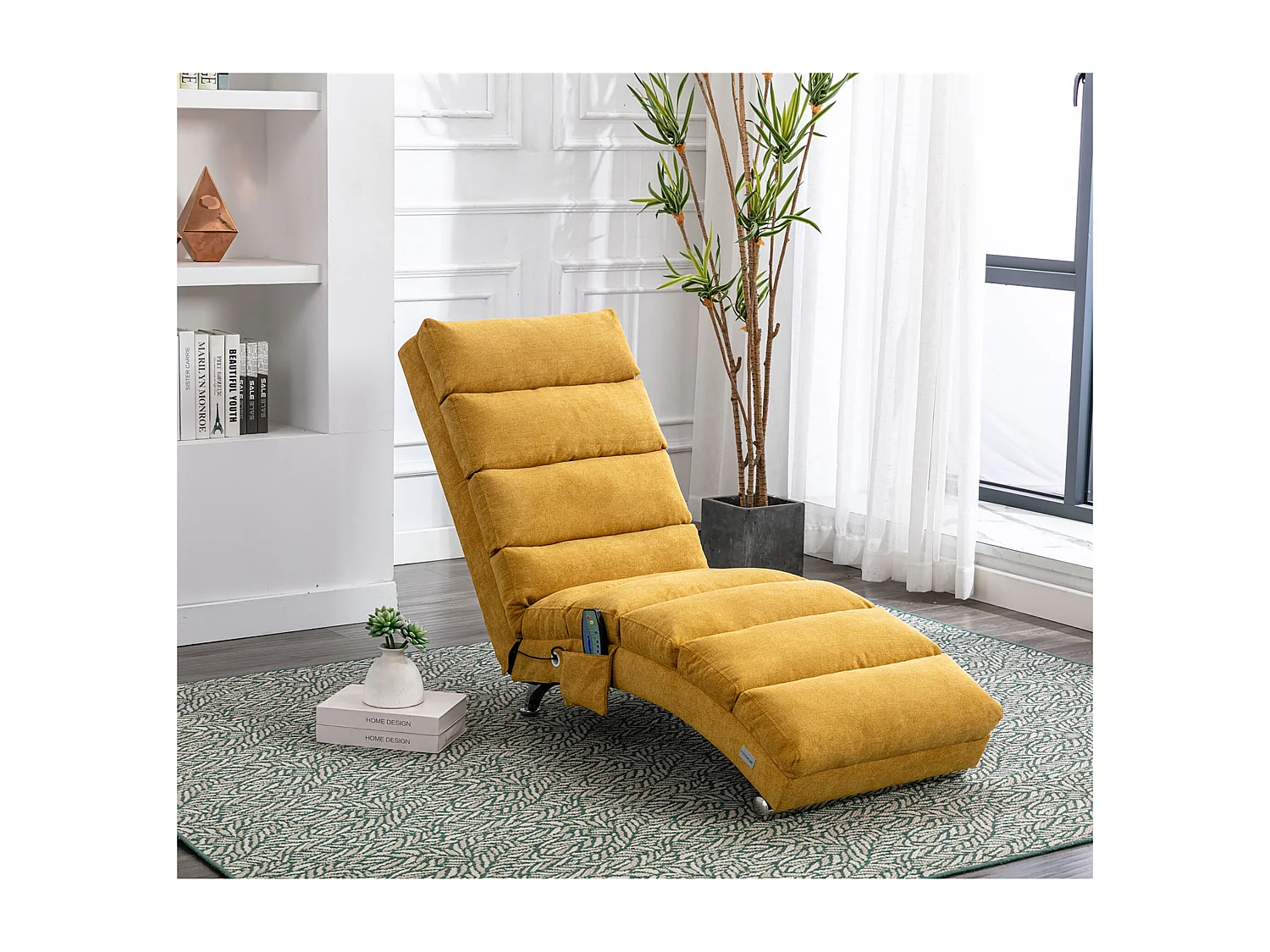 Chaise longue massante avec télécommande, tissu en lin, 5 modes de massage, couleur jaune moutarde (148x55x87 cm)