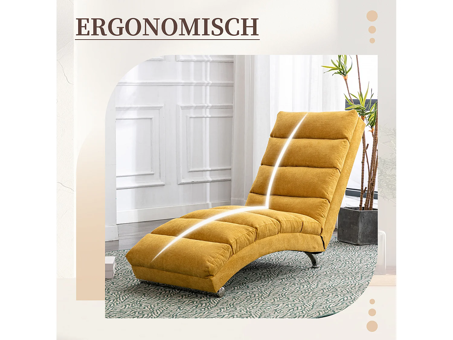 Chaise longue massante avec télécommande, tissu en lin, 5 modes de massage, couleur jaune moutarde (148x55x87 cm)