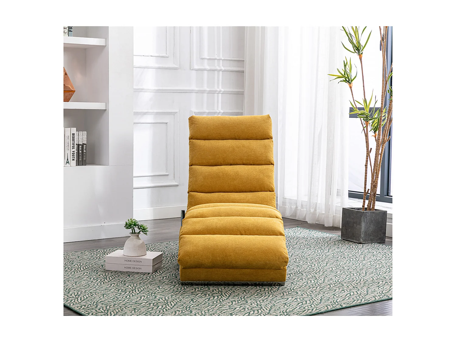 Chaise longue massante avec télécommande, tissu en lin, 5 modes de massage, couleur jaune moutarde (148x55x87 cm)