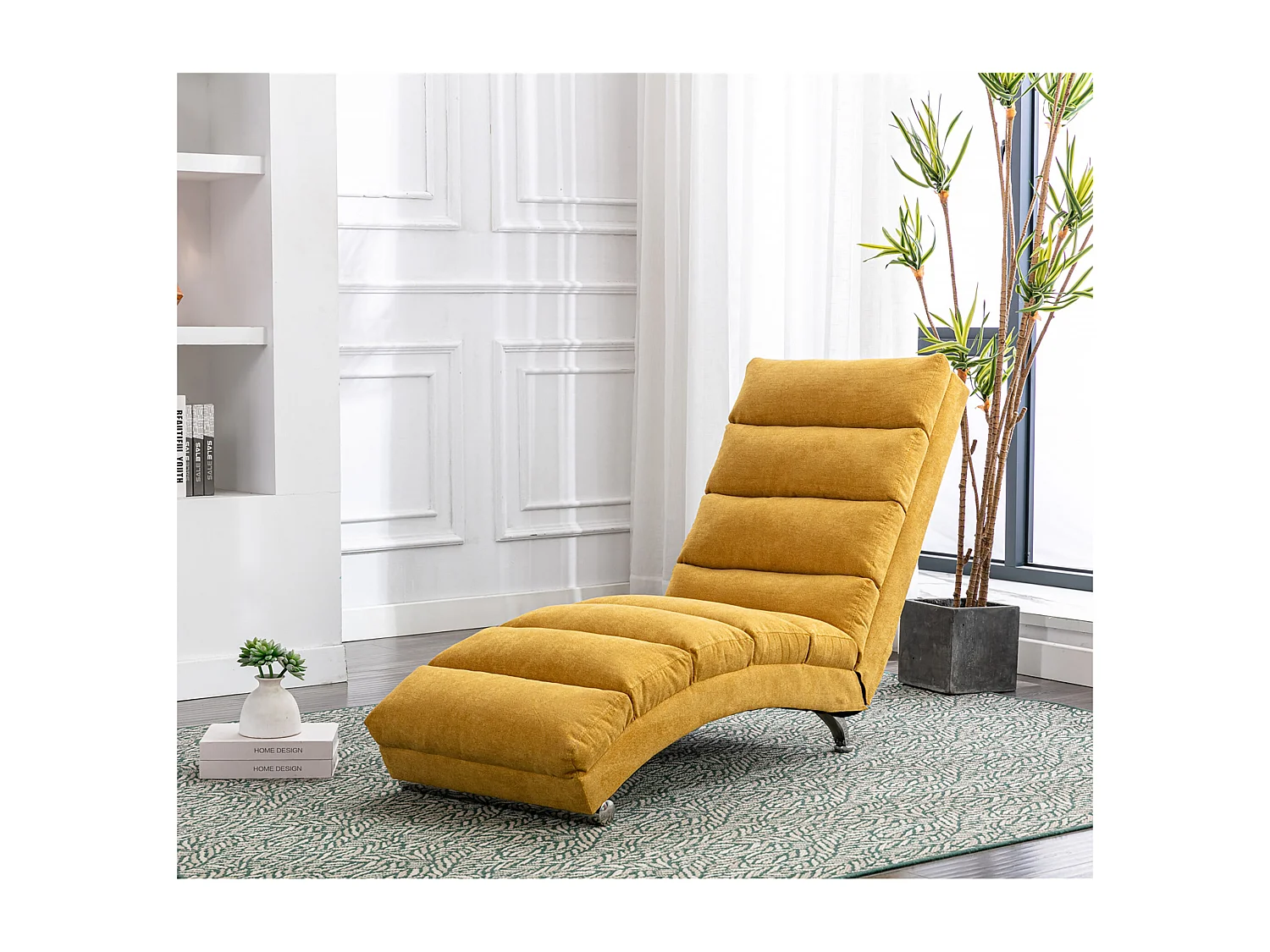Chaise longue massante avec télécommande, tissu en lin, 5 modes de massage, couleur jaune moutarde (148x55x87 cm)