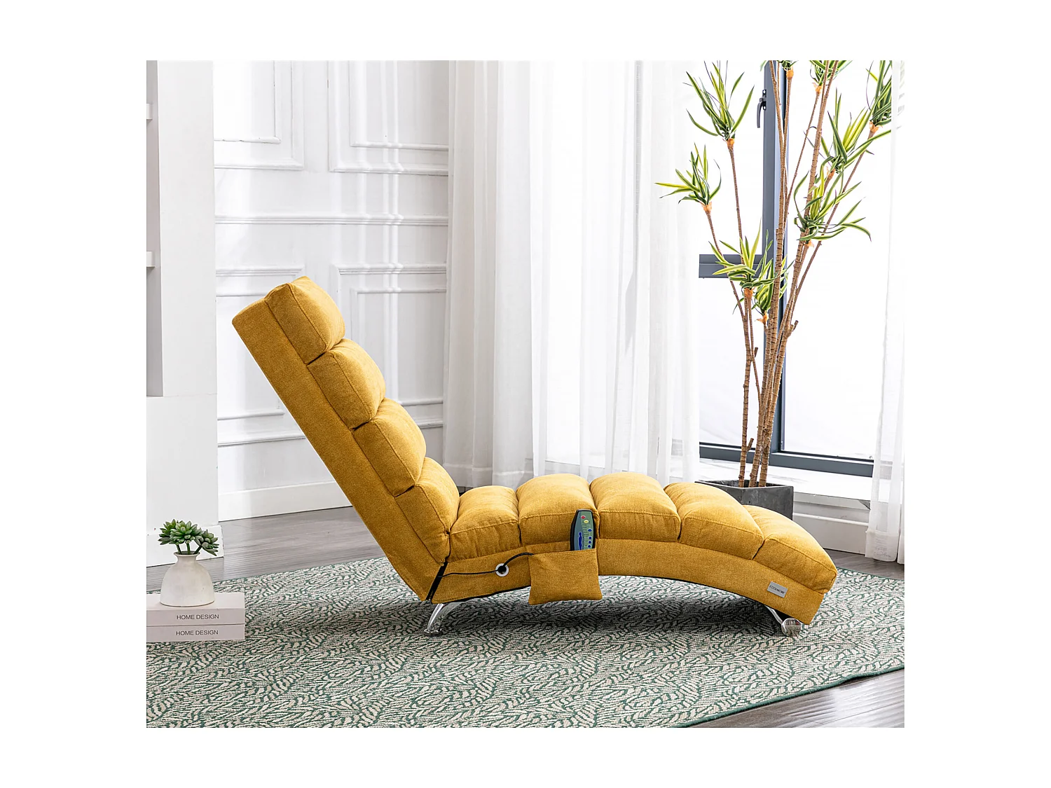 Chaise longue massante avec télécommande, tissu en lin, 5 modes de massage, couleur jaune moutarde (148x55x87 cm)