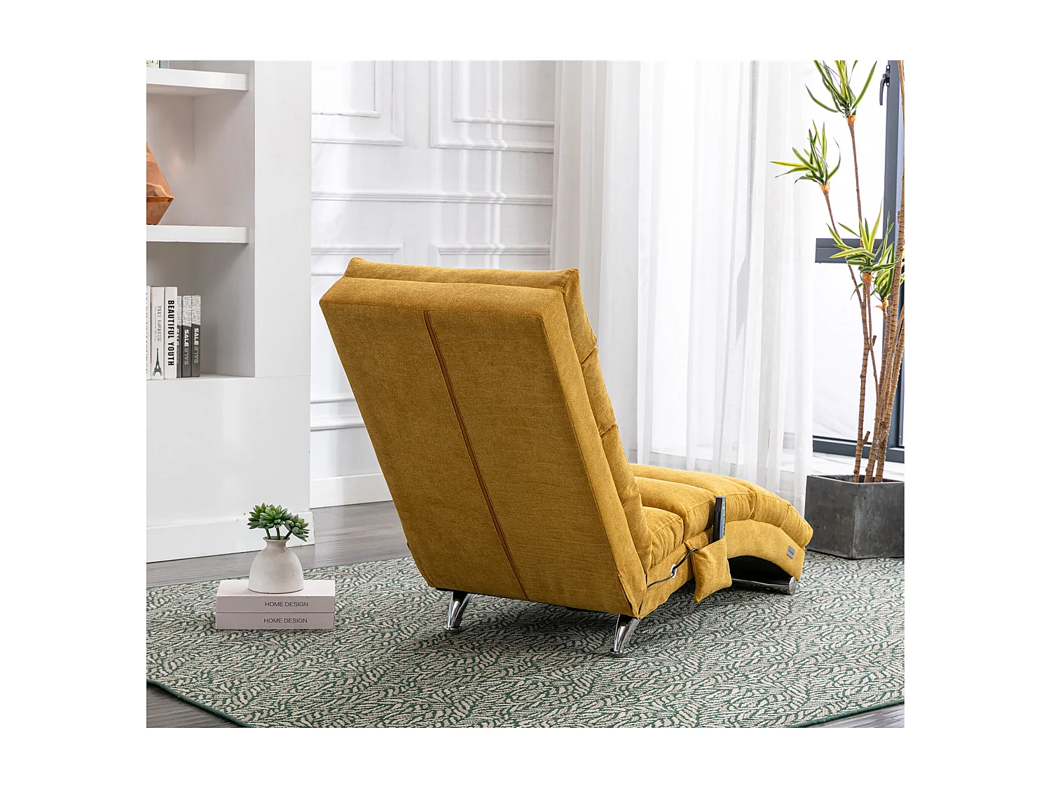 Chaise longue massante avec télécommande, tissu en lin, 5 modes de massage, couleur jaune moutarde (148x55x87 cm)