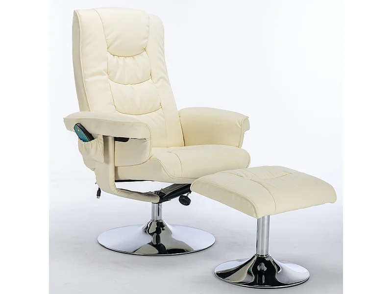Fauteuil de massage avec ottomane, PU, beige, 5 points de massage, pivotant à 360° (79x79x106 cm)