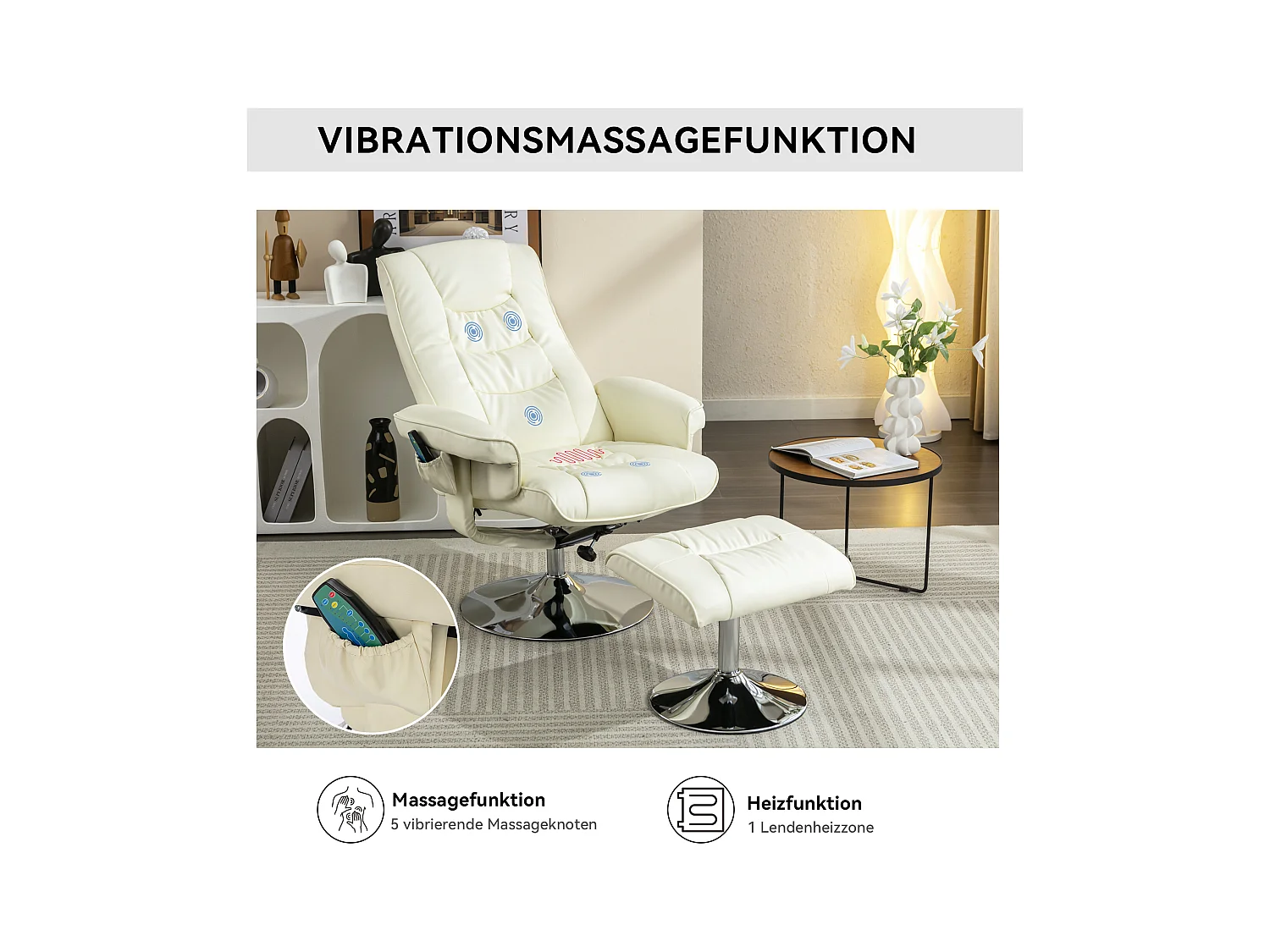 Fauteuil de massage avec ottomane, PU, beige, 5 points de massage, pivotant à 360° (79x79x106 cm)