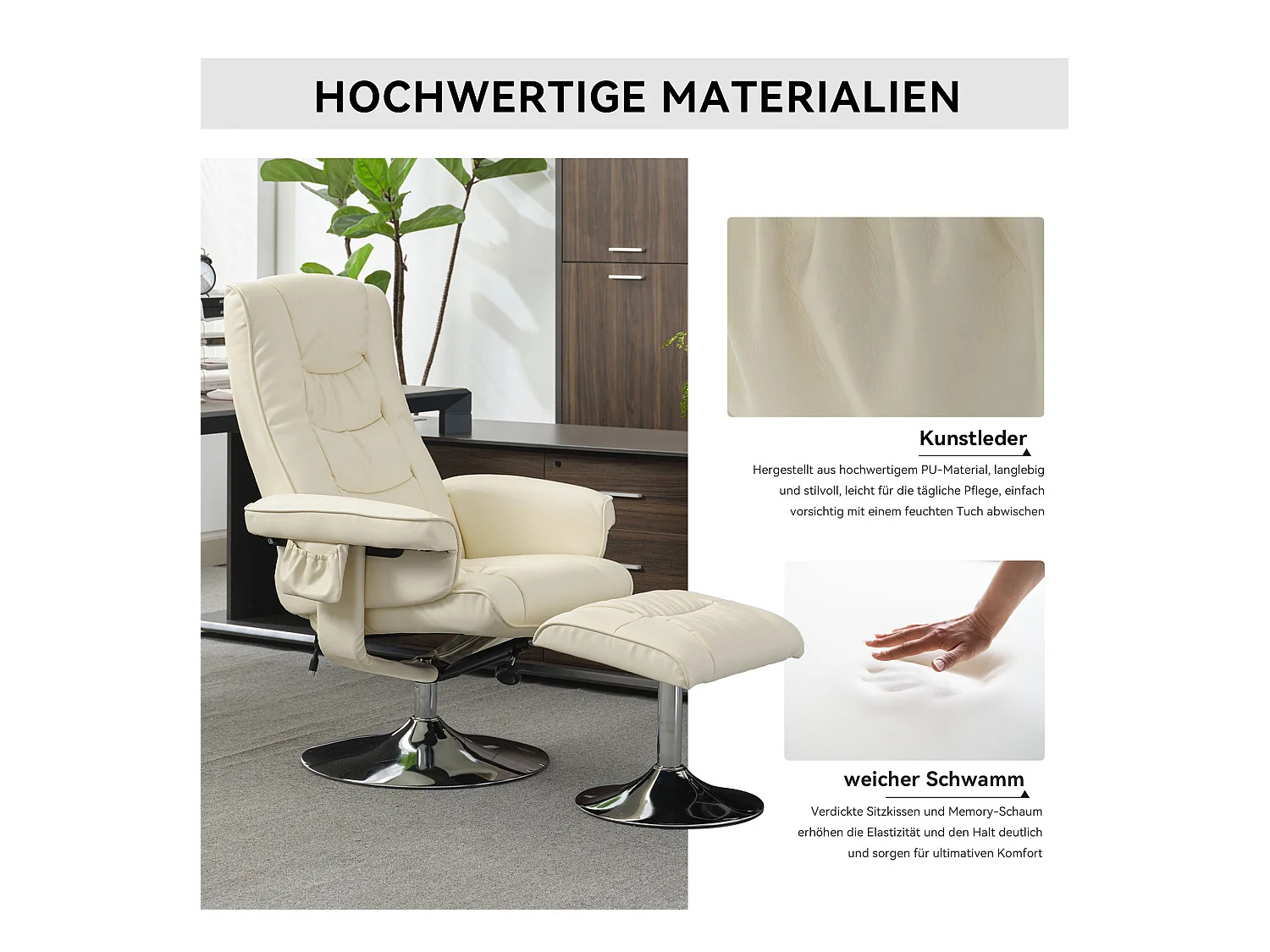 Fauteuil de massage avec ottomane, PU, beige, 5 points de massage, pivotant à 360° (79x79x106 cm)