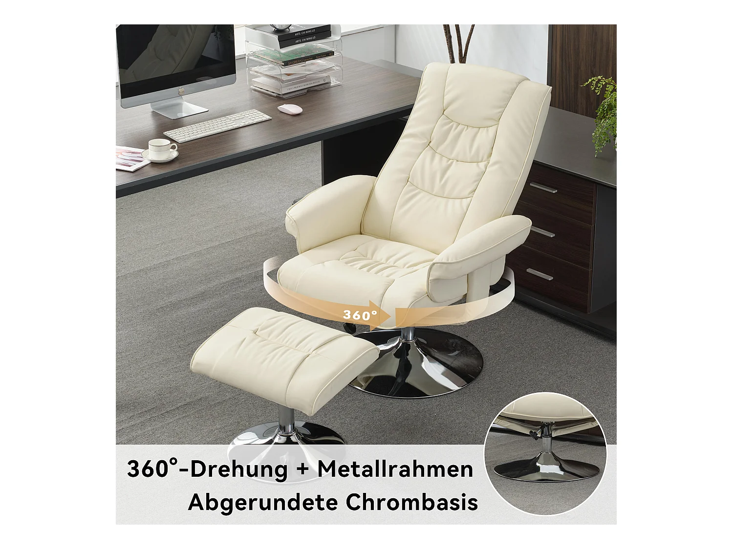 Fauteuil de massage avec ottomane, PU, beige, 5 points de massage, pivotant à 360° (79x79x106 cm)