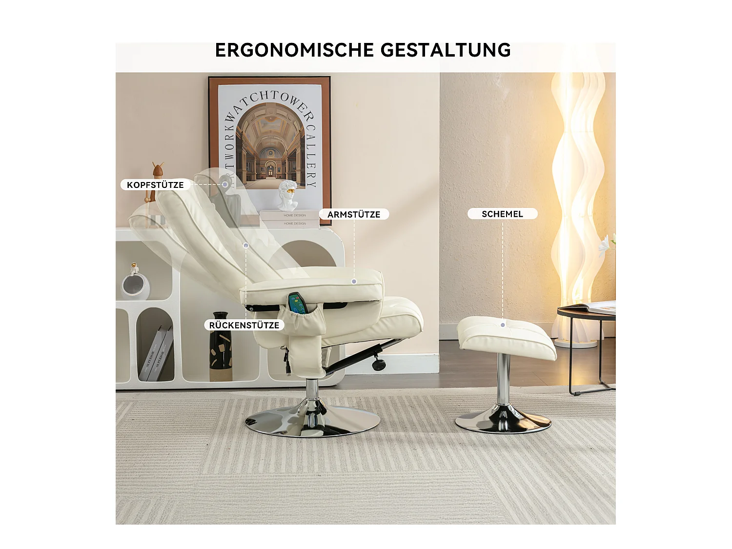 Fauteuil de massage avec ottomane, PU, beige, 5 points de massage, pivotant à 360° (79x79x106 cm)