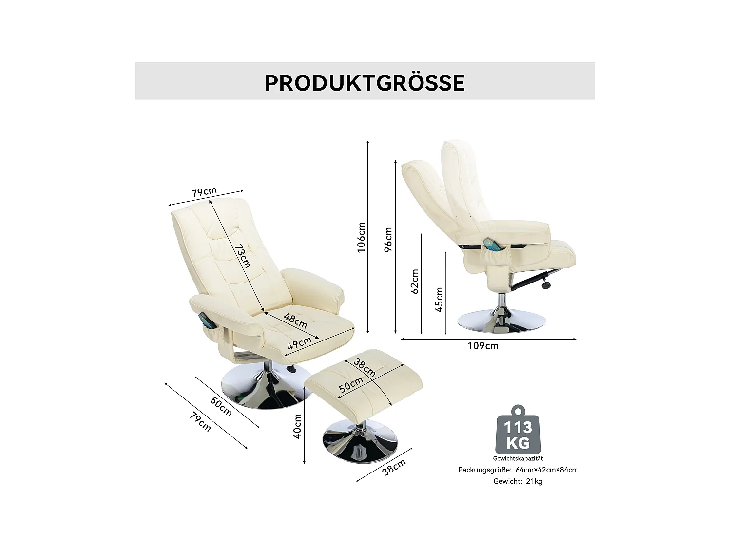 Fauteuil de massage avec ottomane, PU, beige, 5 points de massage, pivotant à 360° (79x79x106 cm)