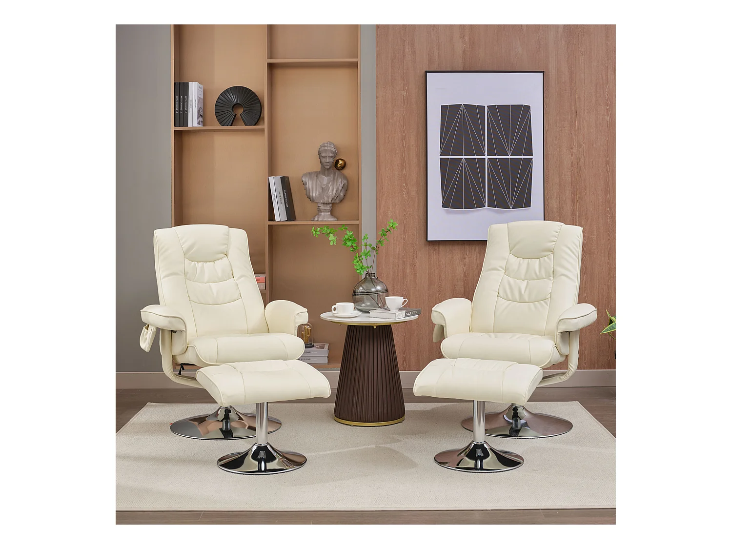 Fauteuil de massage avec ottomane, PU, beige, 5 points de massage, pivotant à 360° (79x79x106 cm)