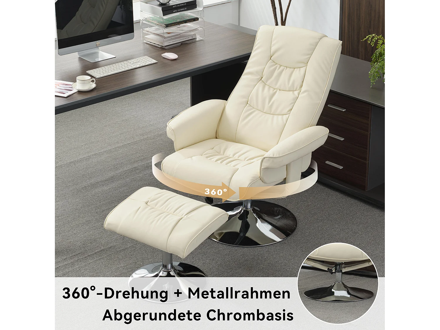 Sillón de masaje con reposapiés, PU, beige, 5 puntos de masaje, giratorio 360° (79x79x106 cm)