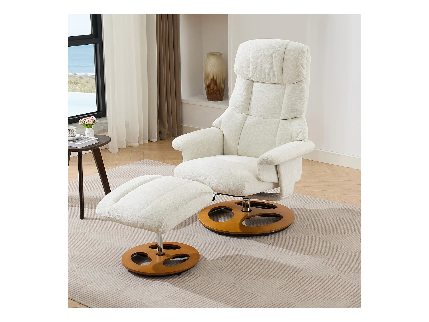 Relaxsessel avec massage et chauffage, fonction inclinable & repose-pieds, 360° pivotant, Chenille blanc (83.5x81x111 cm)