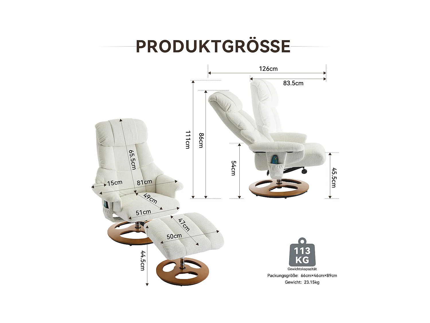 Relaxsessel avec massage et chauffage, fonction inclinable & repose-pieds, 360° pivotant, Chenille blanc (83.5x81x111 cm)