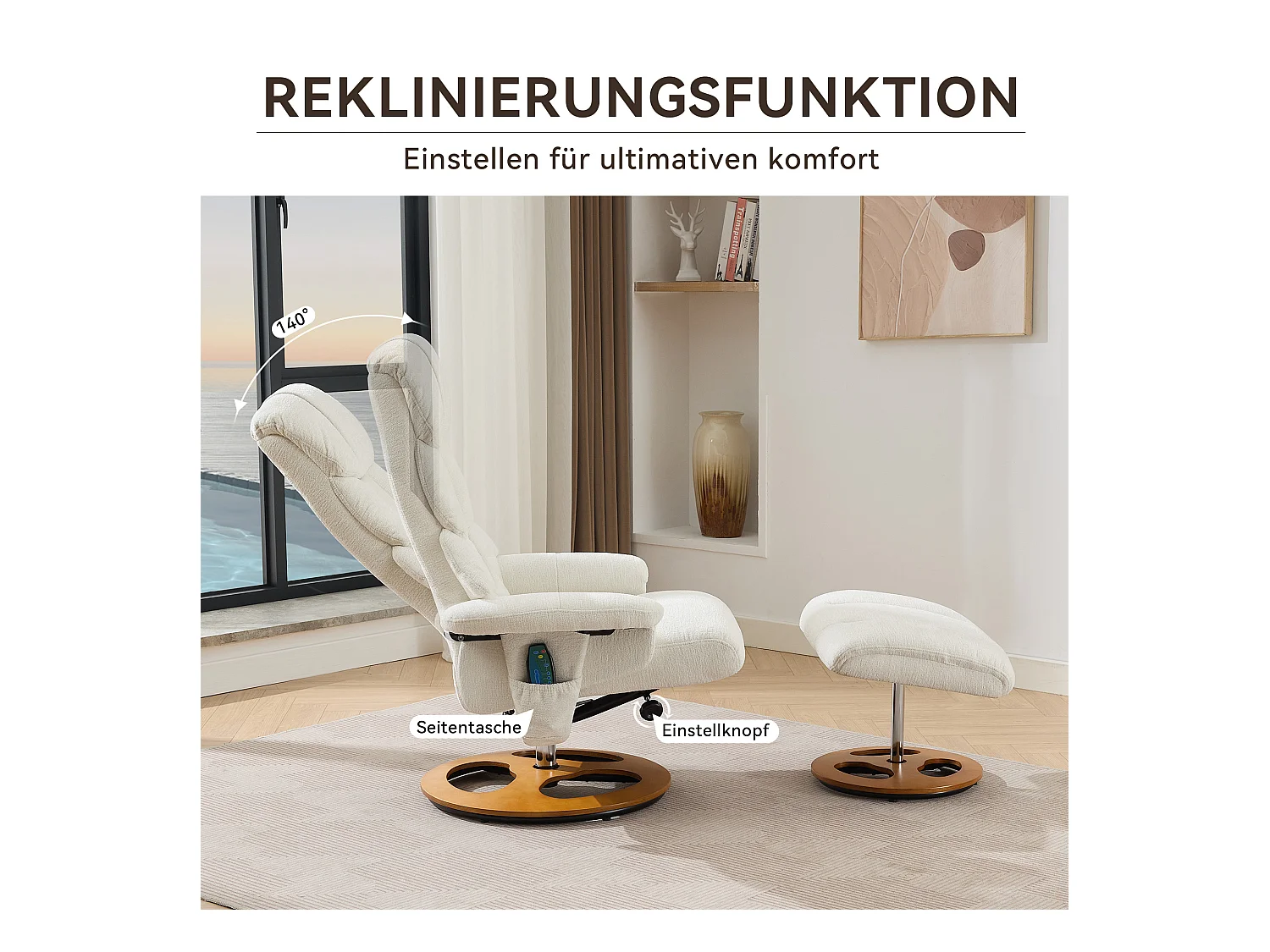 Relaxsessel avec massage et chauffage, fonction inclinable & repose-pieds, 360° pivotant, Chenille blanc (83.5x81x111 cm)