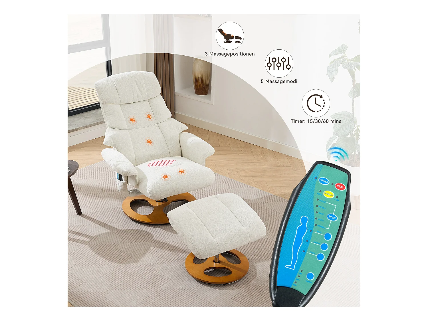 Relaxsessel avec massage et chauffage, fonction inclinable & repose-pieds, 360° pivotant, Chenille blanc (83.5x81x111 cm)