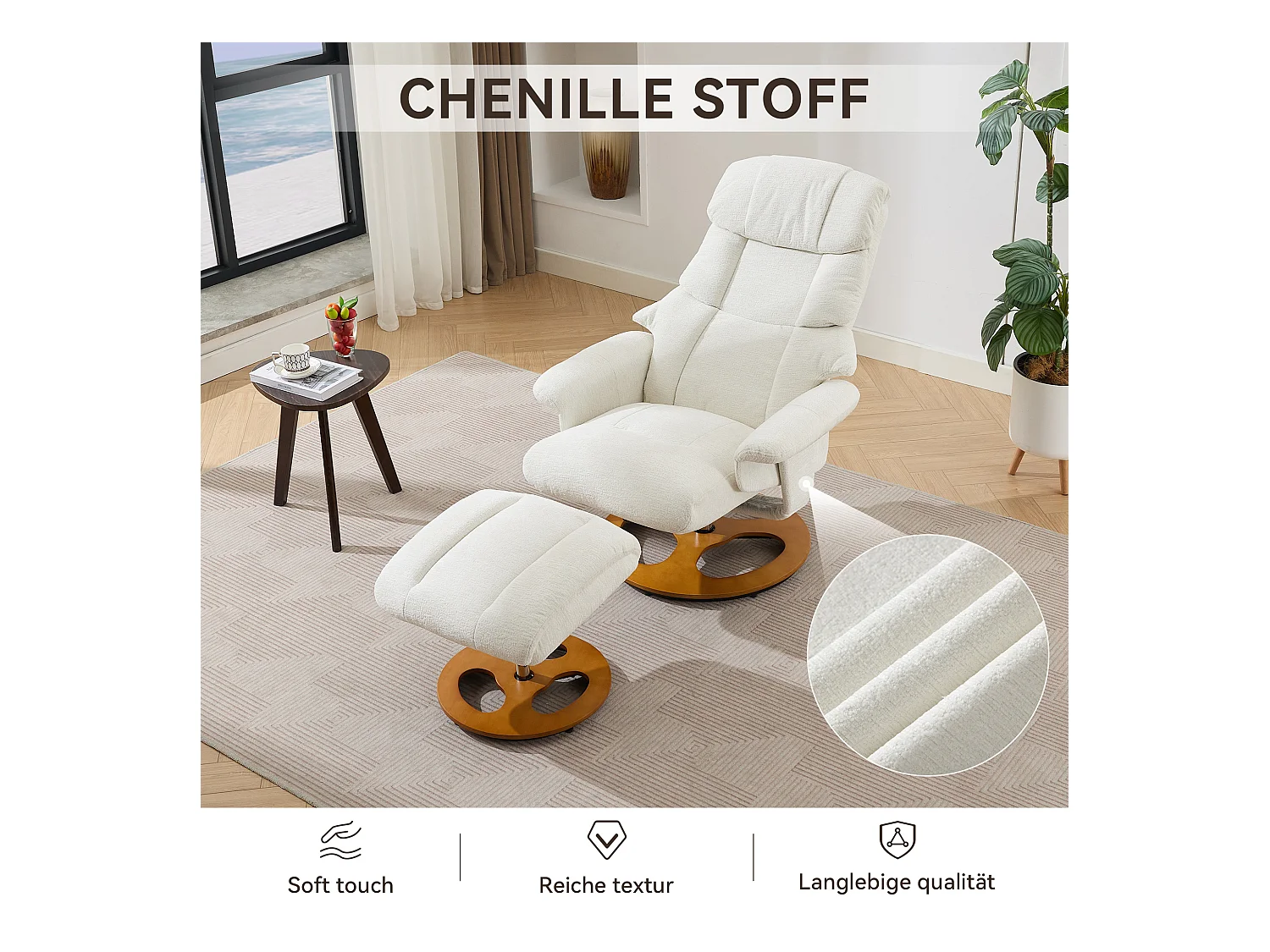 Relaxsessel avec massage et chauffage, fonction inclinable & repose-pieds, 360° pivotant, Chenille blanc (83.5x81x111 cm)