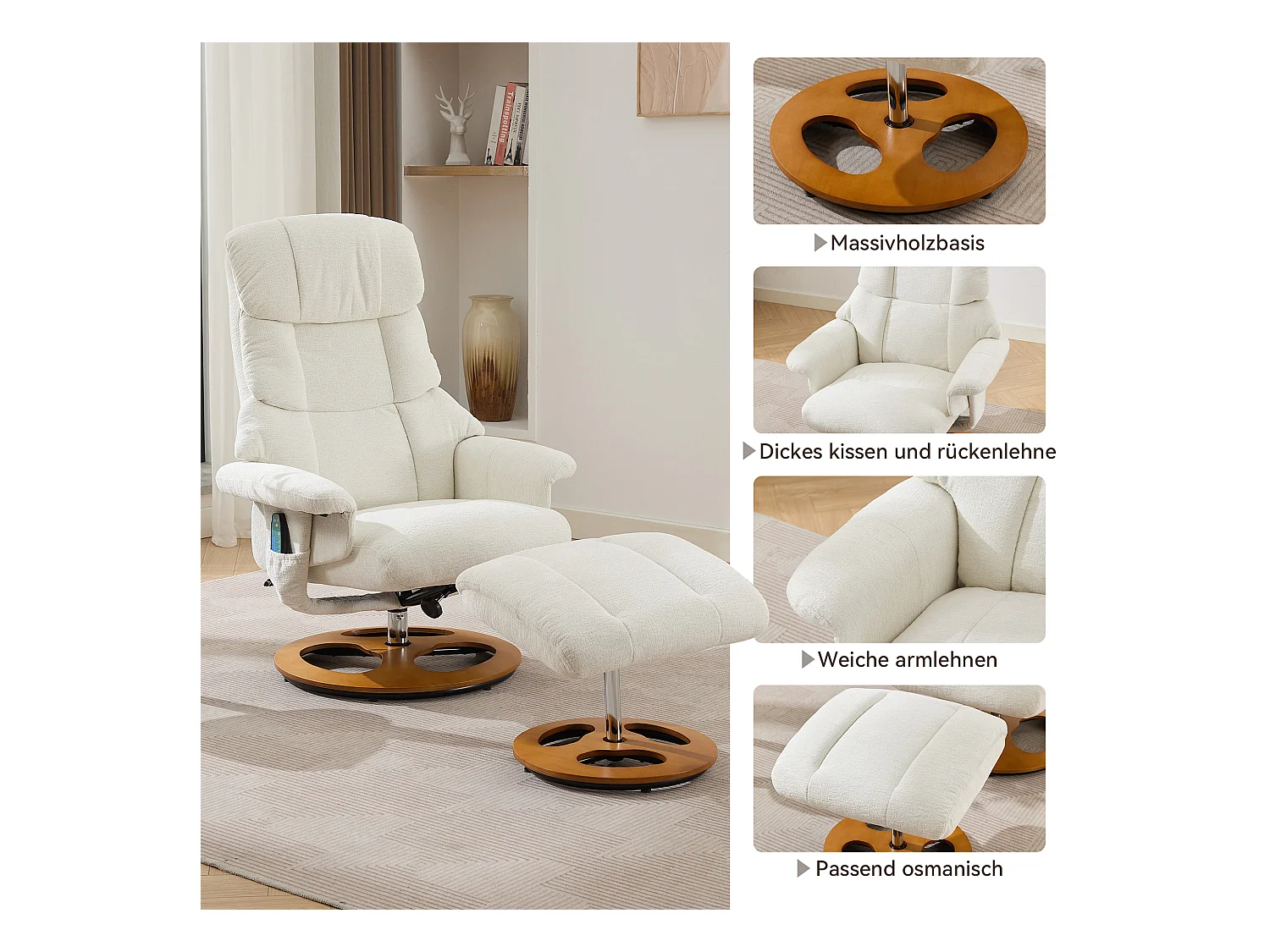 Relaxsessel avec massage et chauffage, fonction inclinable & repose-pieds, 360° pivotant, Chenille blanc (83.5x81x111 cm)
