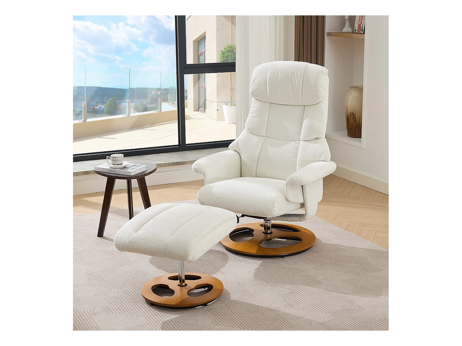Relaxsessel avec massage et chauffage, fonction inclinable & repose-pieds, 360° pivotant, Chenille blanc (83.5x81x111 cm)