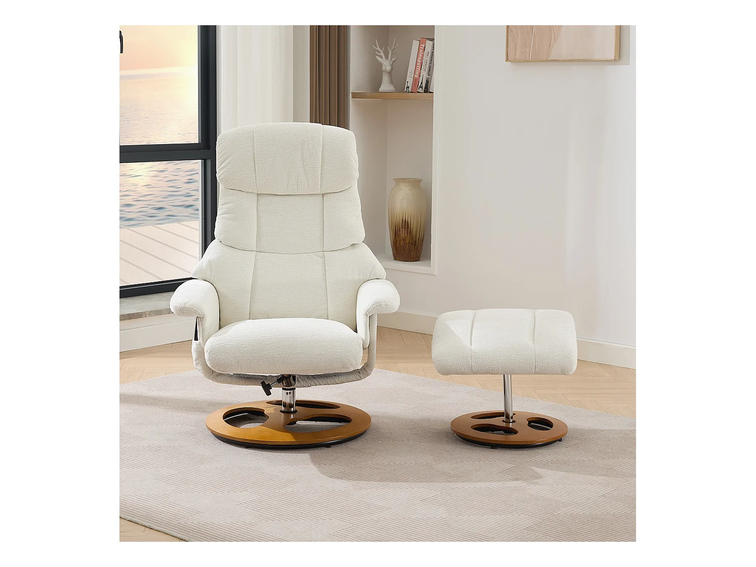 Relaxsessel avec massage et chauffage, fonction inclinable & repose-pieds, 360° pivotant, Chenille blanc (83.5x81x111 cm)